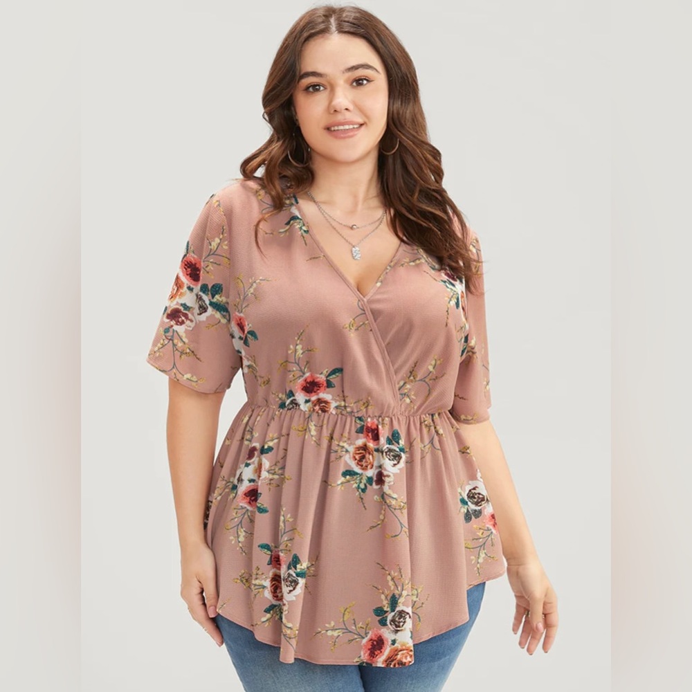 Floral Print Wrap Ruffles Asymmetrical Hem Blouse- 1X (US 14/16)